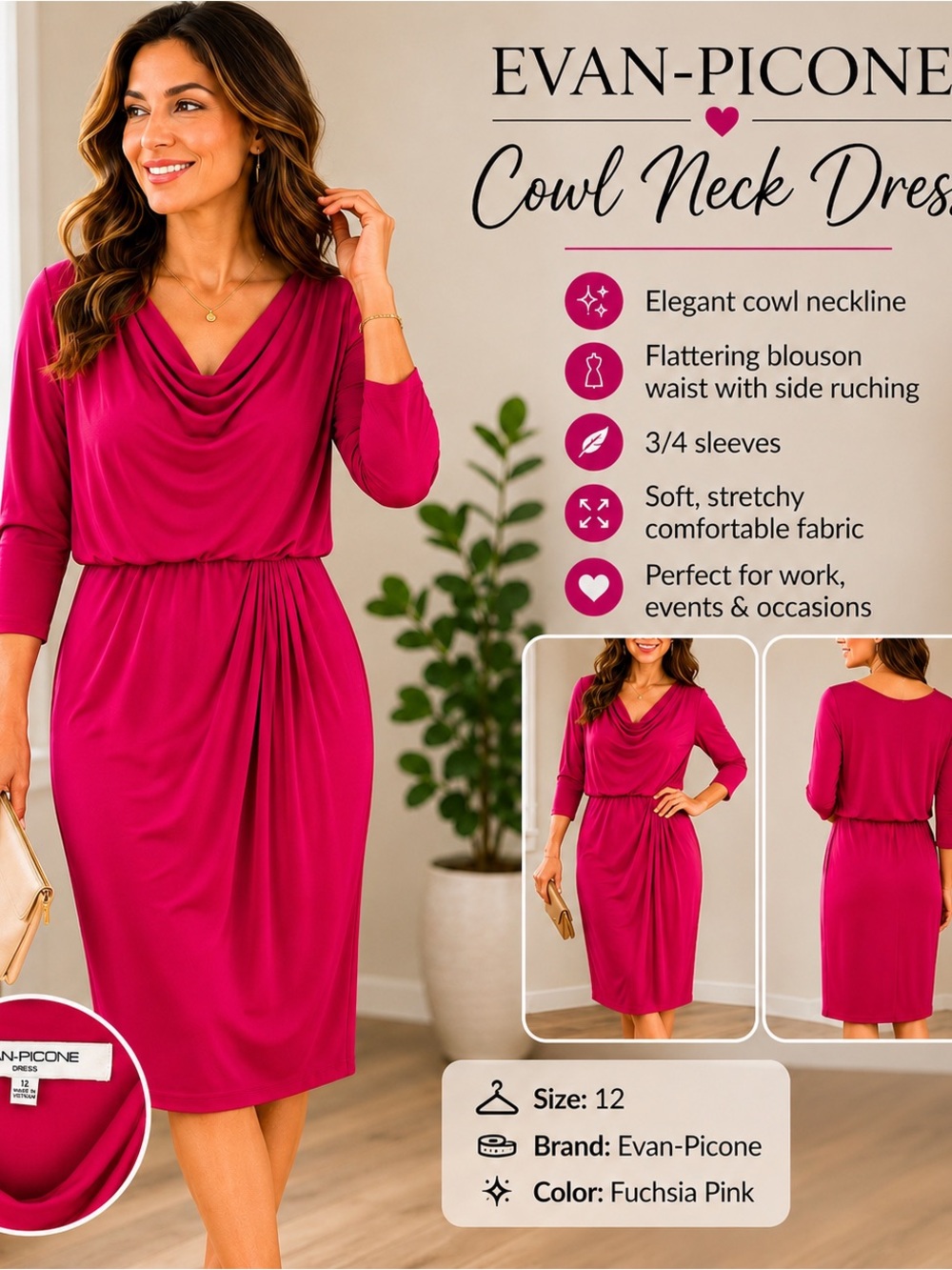 Evan Picone Fuchsia Pink Cowl Neck Midi Dress